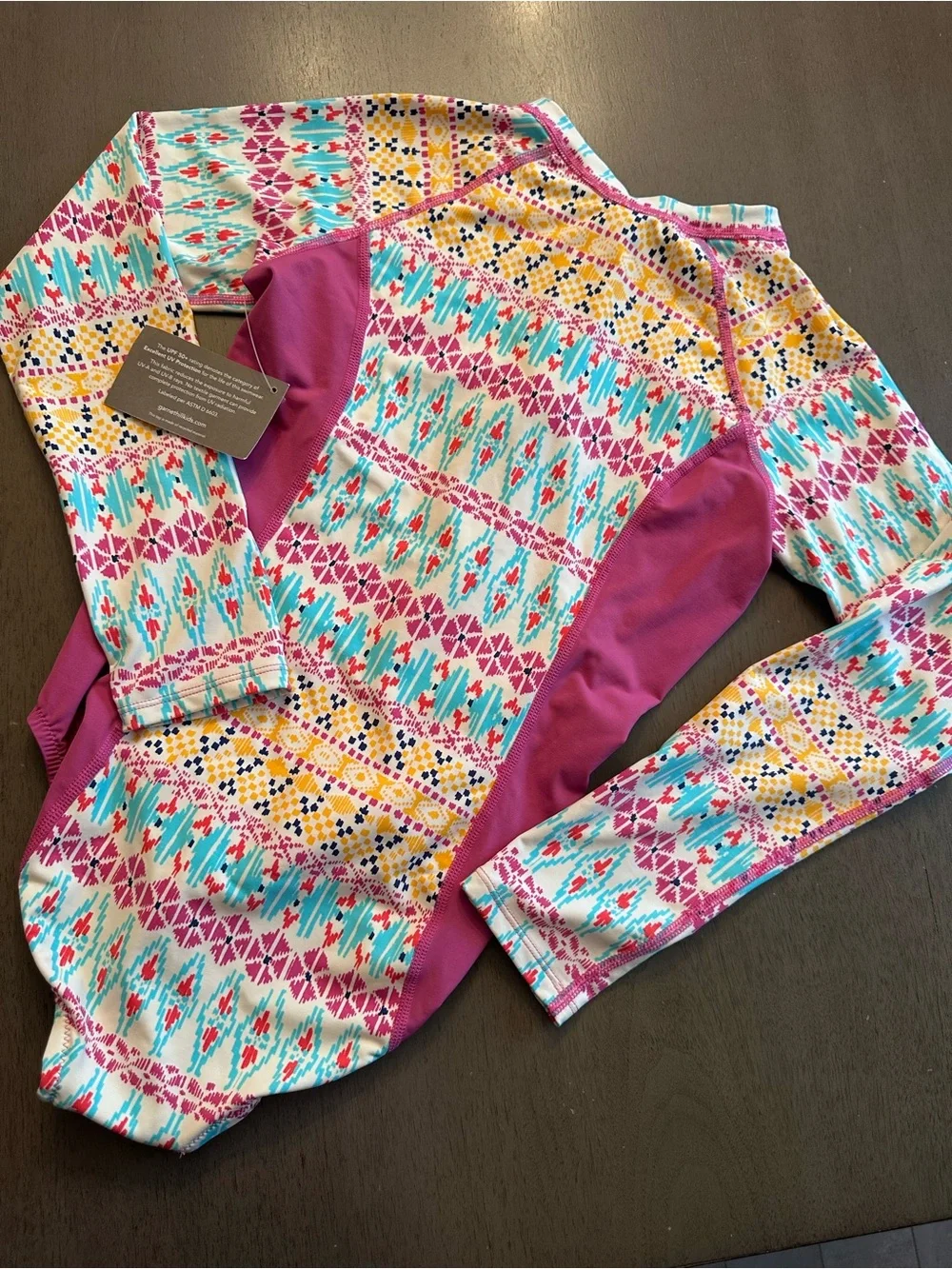GARNET HILL Kids Long Sleeve Zip One-piece Swimsuit Multicolor Ikat Size 10 New